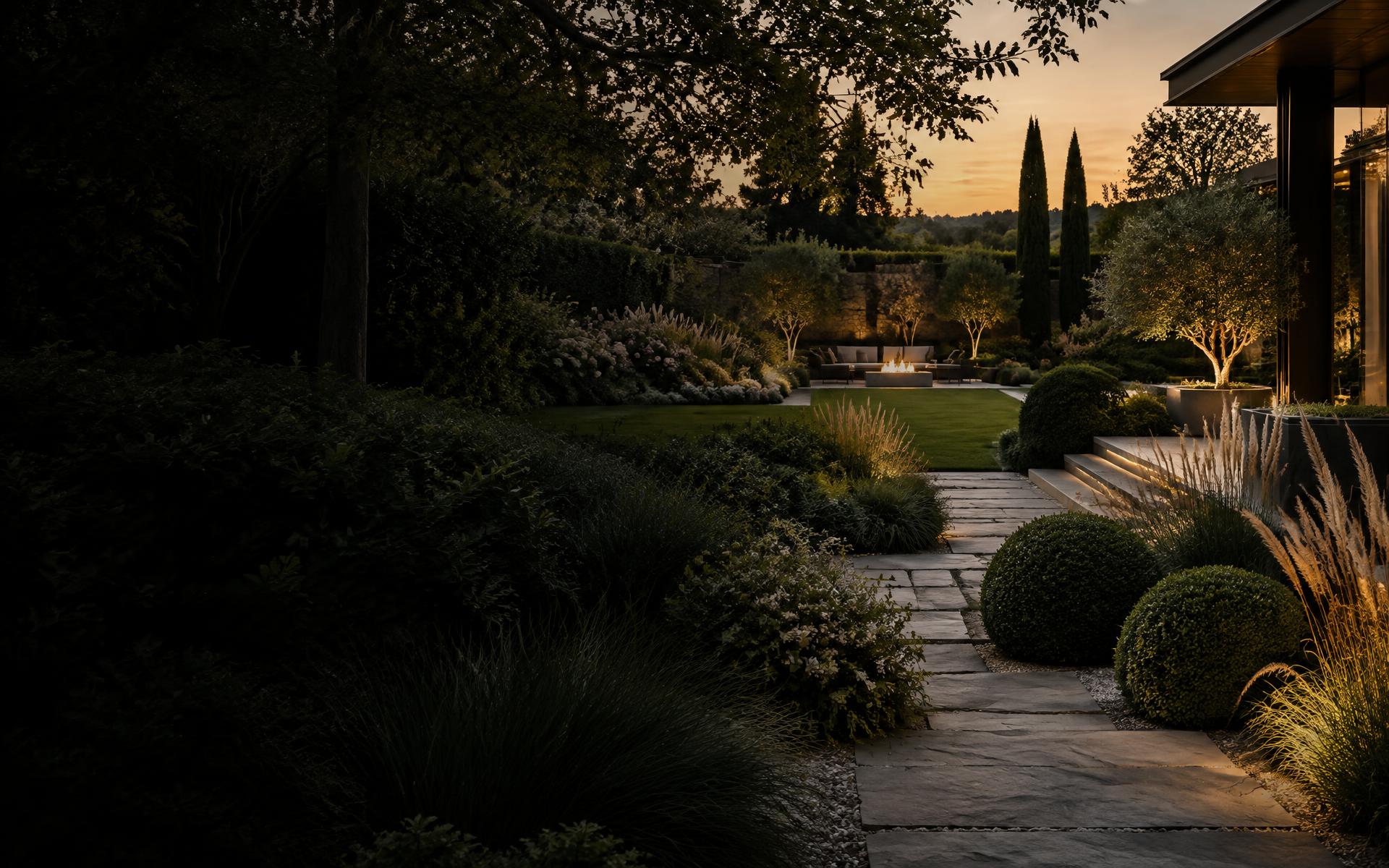 Gepflegter Garten mit Natursteinweg und Abendbeleuchtung